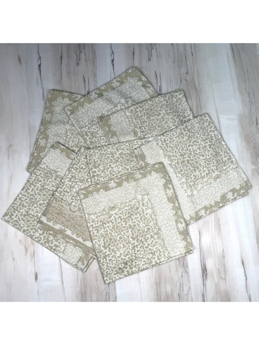 Set 8 Beige 22"x21" Jacquard Brocade Fabric NAPKINS Marine-Inspired Design EUC